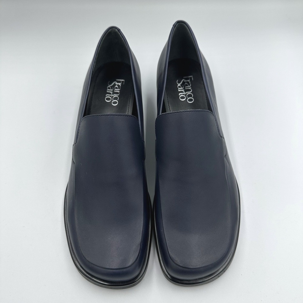 Franco Sarto L-BOCCA Navy Blue Leather Square Toe Block Heel Loafers Womens 10M - Picture 2 of 10